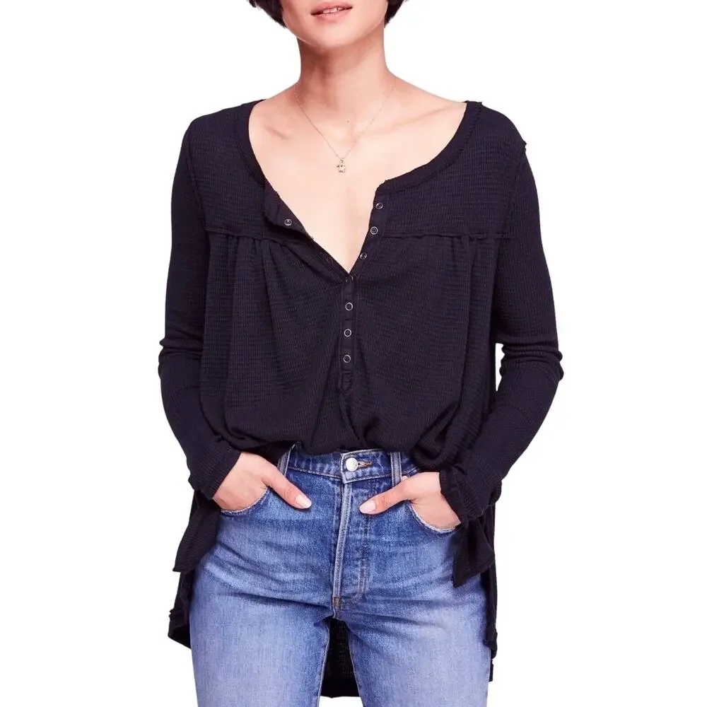Free People We The Free Kai Black Henley Thermal Top, Women's Size XS